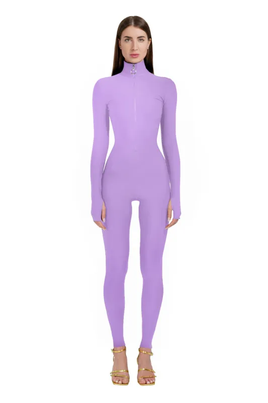 Lavender Long Sleeve Turtleneck Zip Up Full Bodysuit Total Zipper sold by MONOSUIT