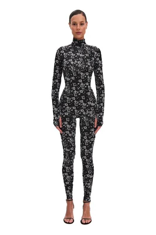 Noir Blossom Long Sleeve High Neck Full Bodysuit Total Black & White sold by MONOSUIT