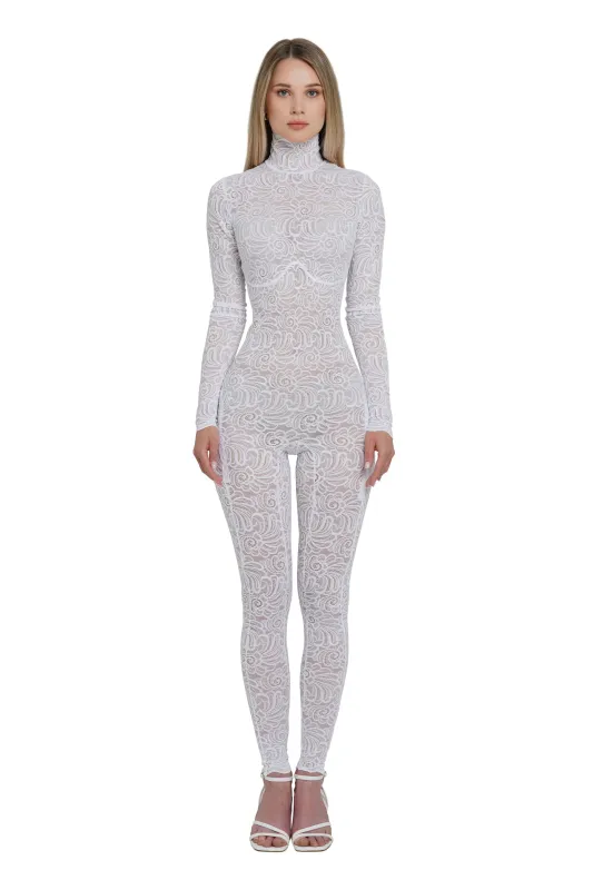 White Floral Lace Sheer Long Sleeve Turtleneck Full Bodysuit sold by MONOSUIT