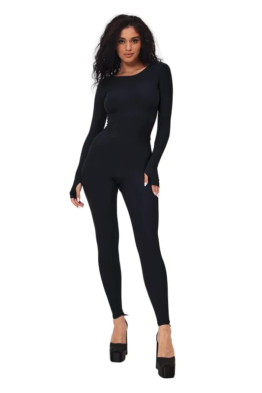 Black Scoop Neck Long Sleeve Full Bodysuit Open sold by MONOSUIT