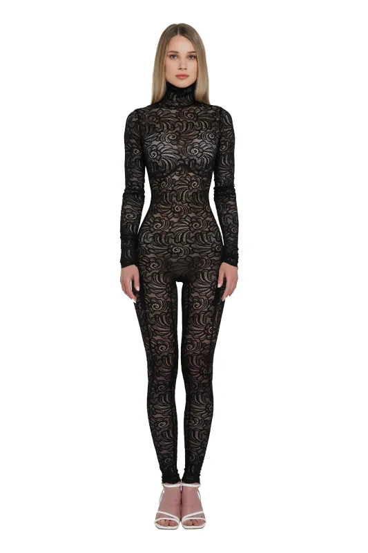 Black Floral Lace Long Sleeve Turtleneck Full Bodysuit sold by MONOSUIT