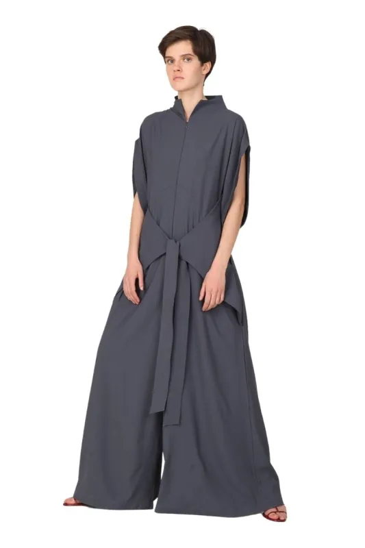 Gray Short Sleeve High Neck Wide-Leg Japanese Kimono Jumpsuit LEA sold by MONOSUIT