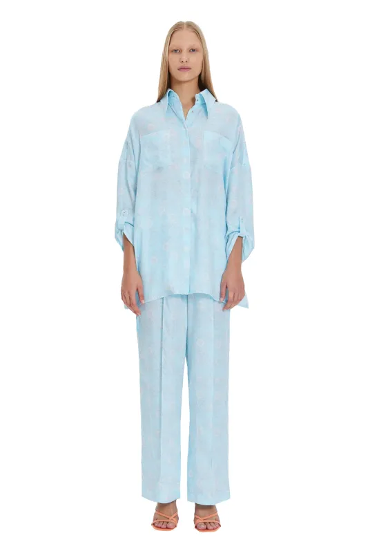 Blue Full Length High-Waist Loose Fit Wide Leg Tencel Casual Women's Pants sold by MONOSUIT