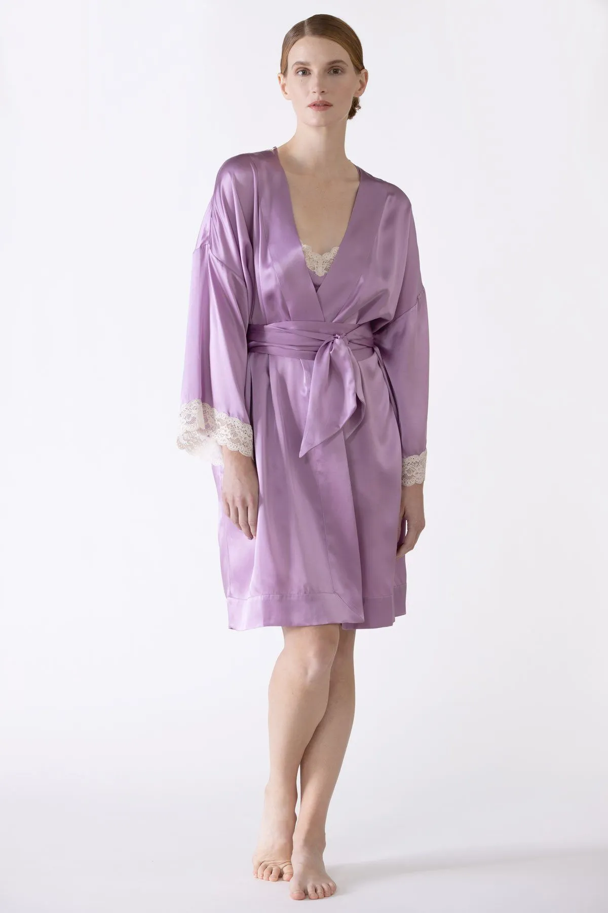 Gardenia Lace Trim Short Silk Kimono sold by NK IMODE