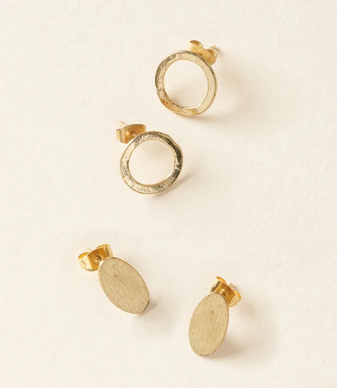 Diya Gold Stud Earrings Set of 2 - Circle, Oval by Matr Boomie made by Ocelot Market