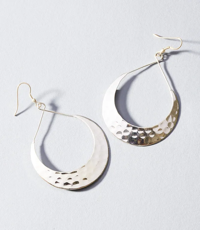 Lunar Crescent Hammered Shiny Silver Hoop Earrings by Matr Boomie sold by Ocelot Market