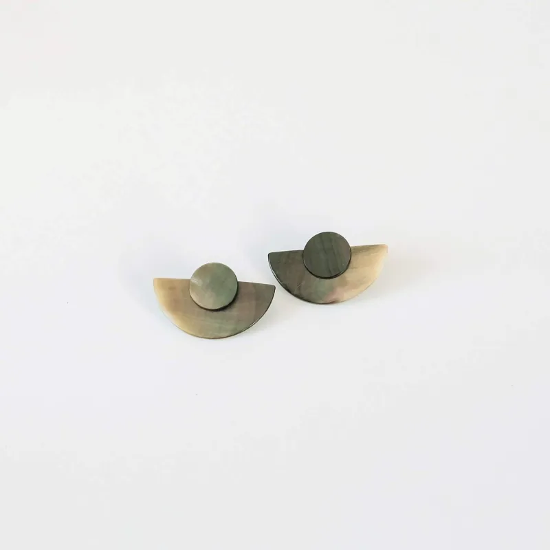 3-in-1 Iridescent Grey Circle and Halfmoon Geometric Studs - Mother of Pearl Earrings sold by Ocelot Market