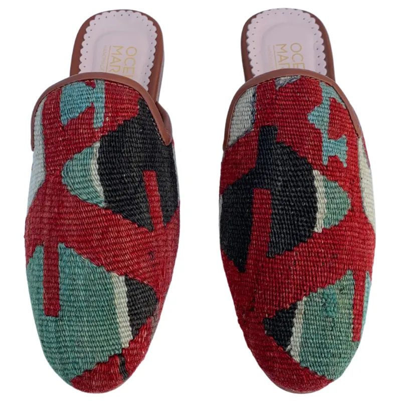 Women's Turkish Kilim Mules | Red with Blue & Black 6 US/37 EU sold by Ocelot Market