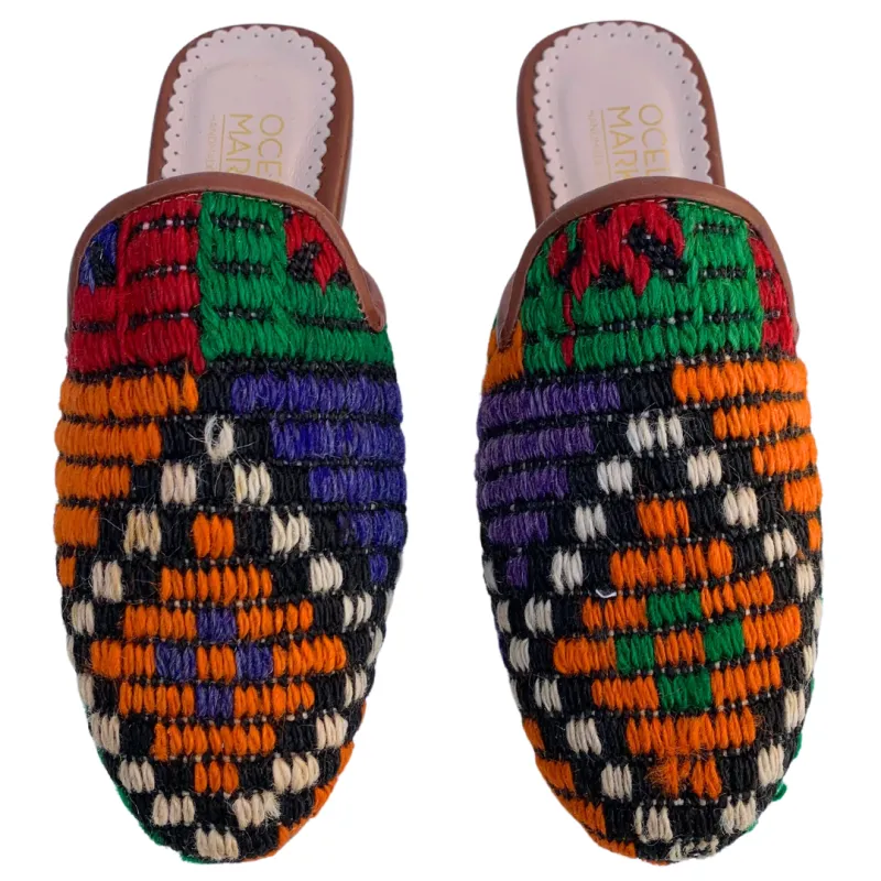 Women's Turkish Kilim Mules | Orange with Pattern 6 US/37 EU sold by Ocelot Market