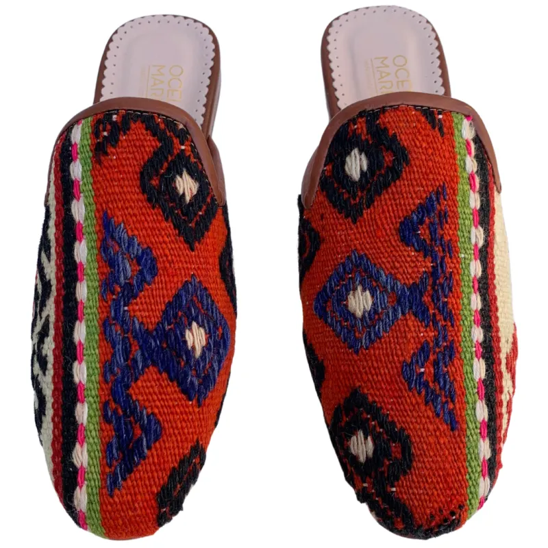 Women's Turkish Kilim Mules | Orange with Pattern 10 US/41 EU sold by Ocelot Market