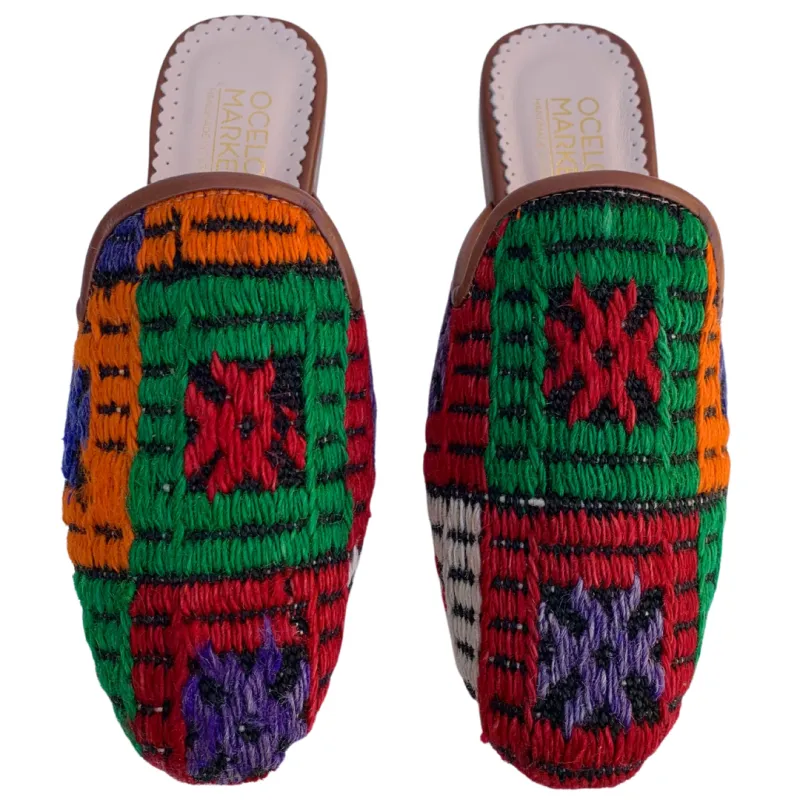 Women's Turkish Kilim Mules | Red, Orange, & Green Pattern 7 US/38 EU sold by Ocelot Market