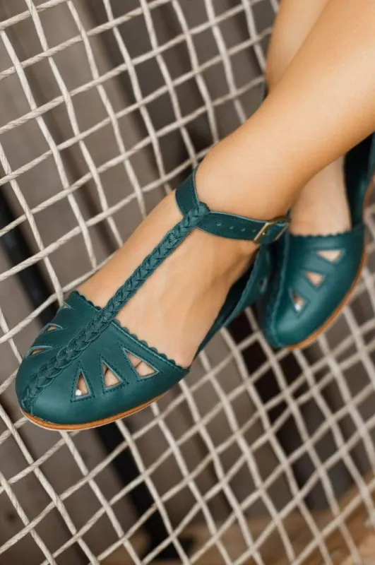 Bounty T-strap Leather Sandals in Emerald sold by Ocelot Market