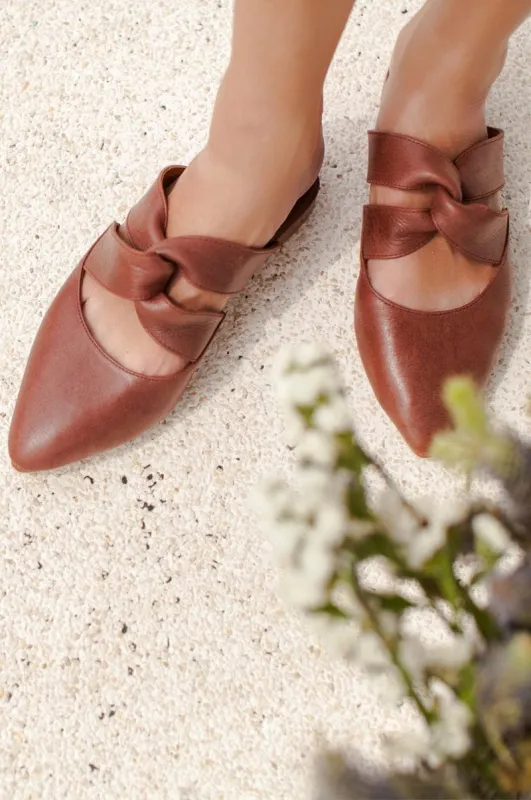 Taj Mahal Pointy Toe Mules in Vintage Brown sold by Ocelot Market