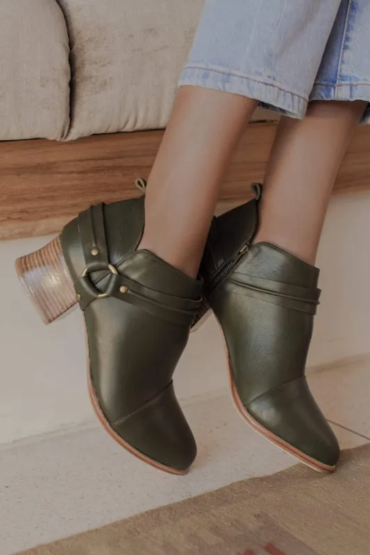 Dasha Low Ankle Booties in Khaki Green sold by Ocelot Market