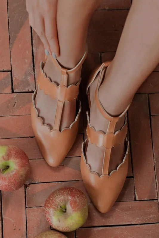 Gardenia Pointy Toe Leather Flats in Dark Tan sold by Ocelot Market