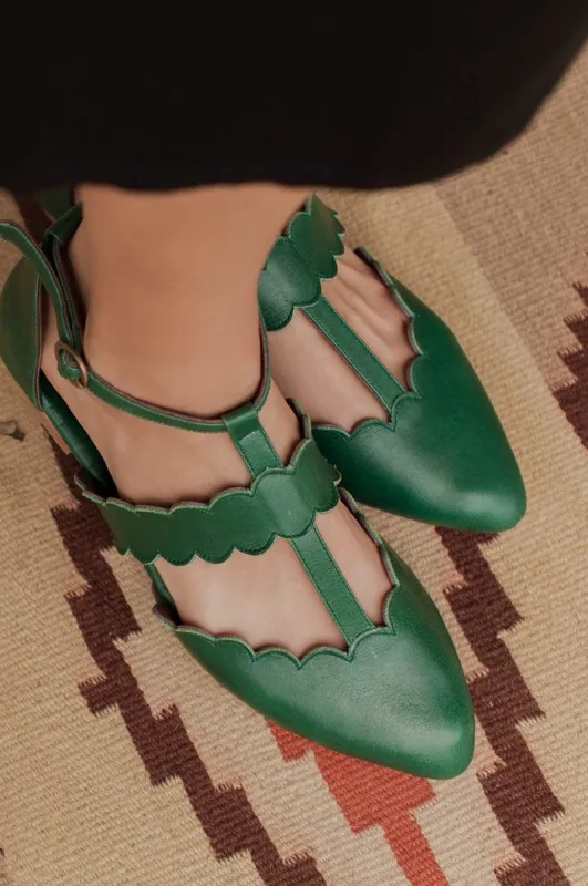 Gardenia Pointy Toe Leather Flats in Emerald sold by Ocelot Market