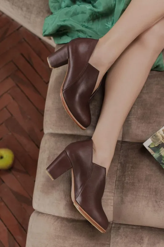 Ange Leather Heel Booties in Dark Brown sold by Ocelot Market