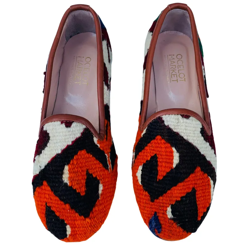 Women's Turkish Kilim Loafers | Orange & Black Pattern 8 US/39 EU made by Ocelot Market