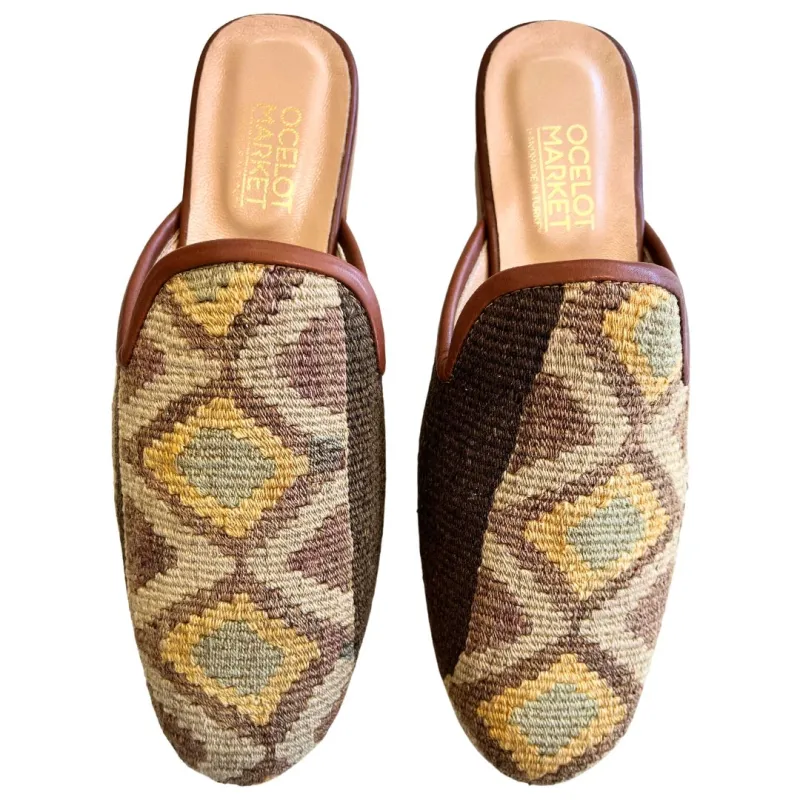 Men's Turkish Kilim Mules | Brown with Yellow Pattern 9 US/42 EU sold by Ocelot Market