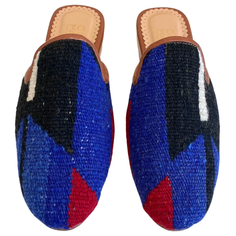 Women's Turkish Kilim Mule Blue & Black with Red 7 US/38 EU made by Ocelot Market