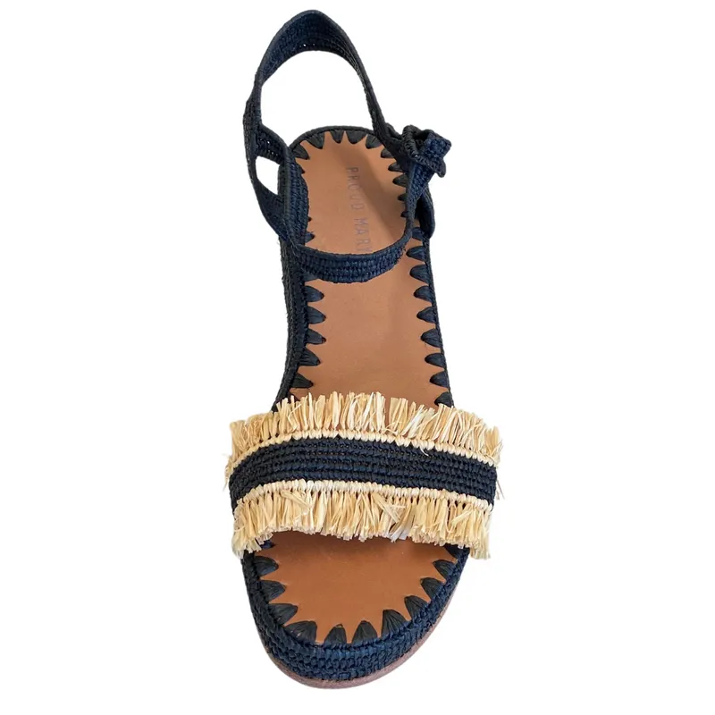 Raffia Wedge Fringe Sandal (Black with Natural Fringe) sold by Ocelot Market