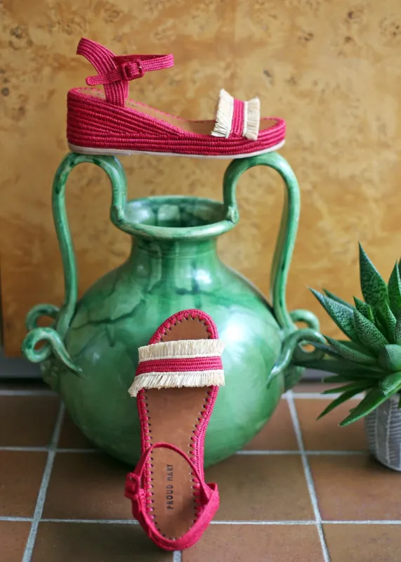 Raffia Wedge Fringe Sandal (Red with Natural Fringe) sold by Ocelot Market