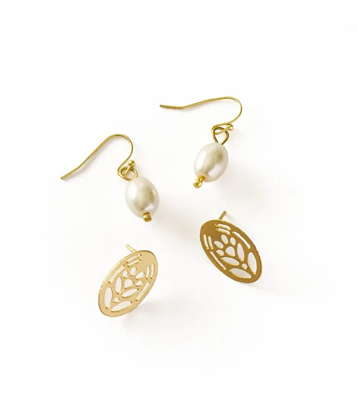 Adhya Pearl and Oval Stud Earrings - Set of 2 made by Ocelot Market
