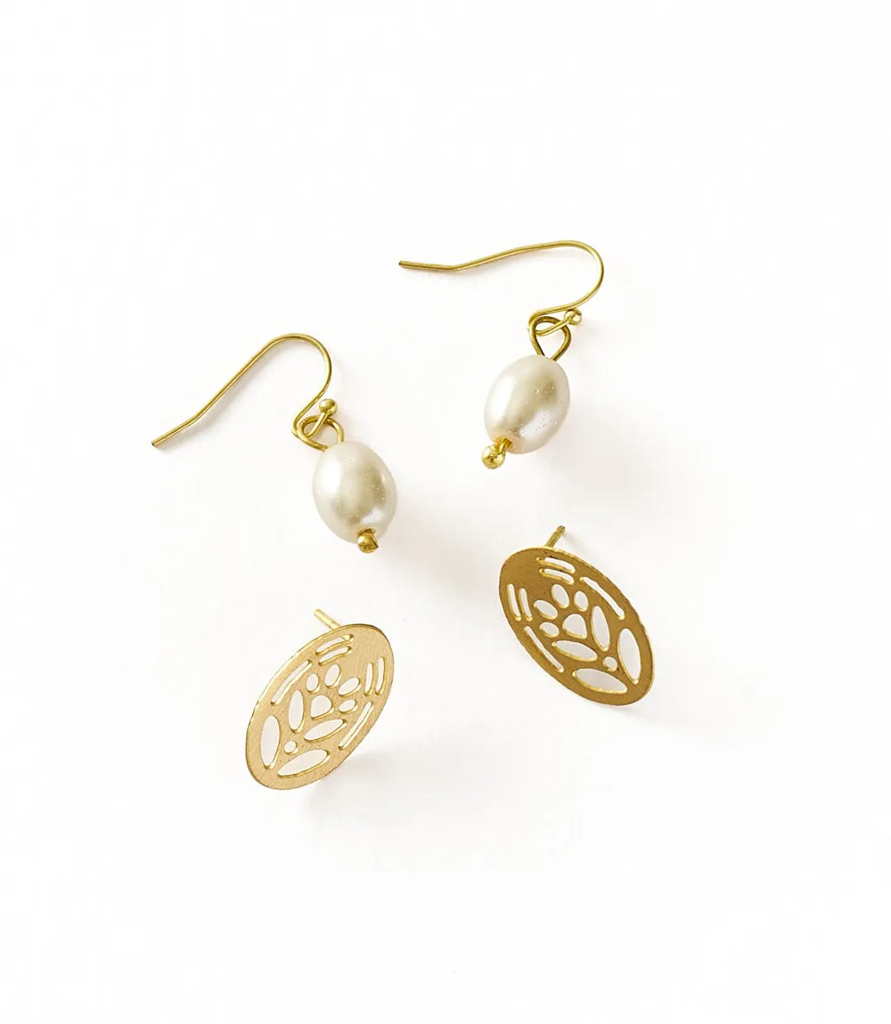 Adhya Pearl and Oval Stud Earrings - Set of 2 sold by Ocelot Market