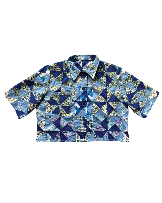 THE CROPPED SHORT SLEEVED CHORE SHIRT - BLUEBERRY PINWHEEL sold by THE SERIES NY
