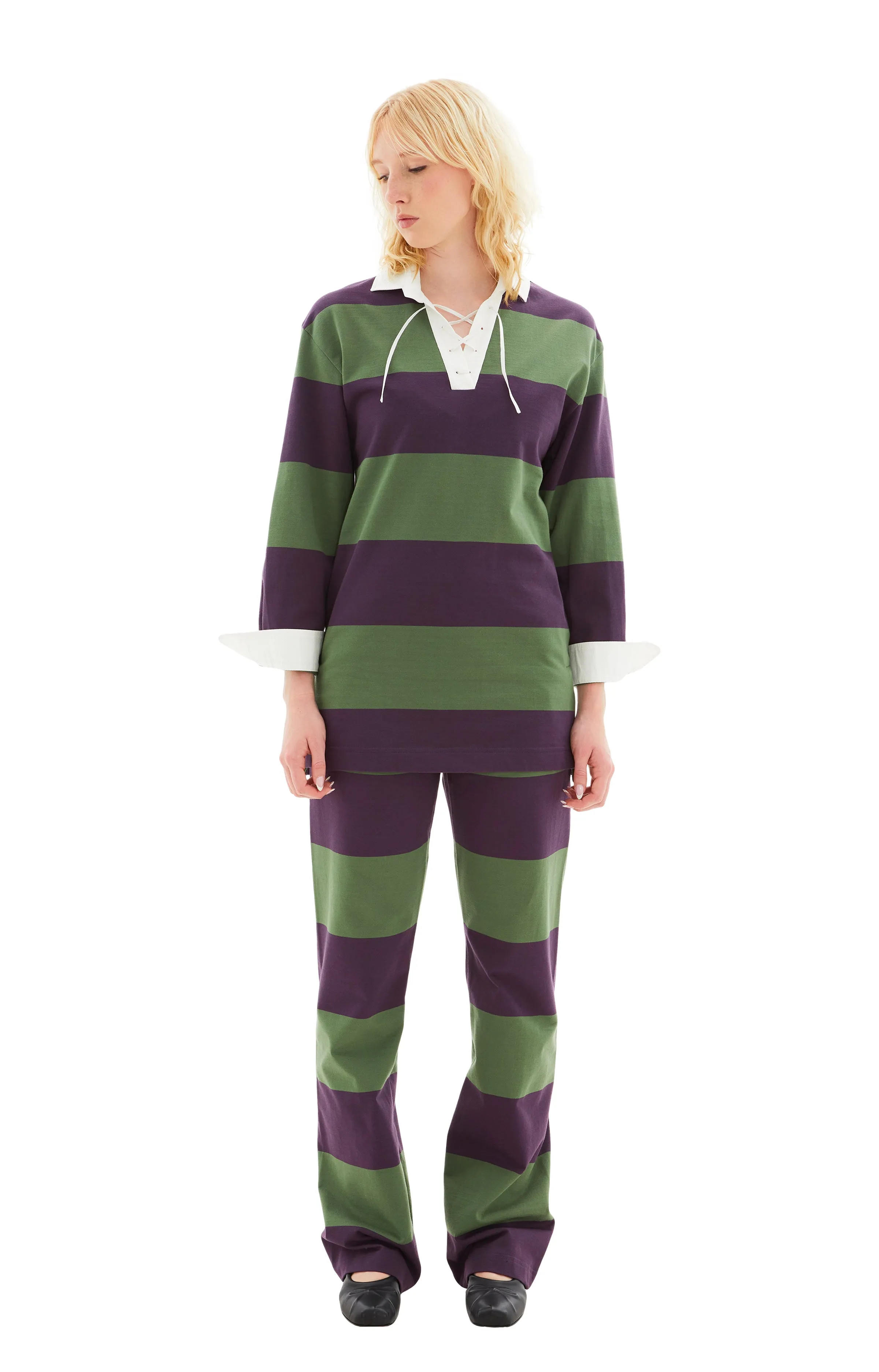 Chu Loose Fit Striped Polo Shirt (Dark Purple) sold by TONS