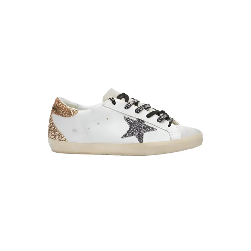 Women's Super-Star Leather Sneakers w/Glitter Star (Optic White/Seedpearl/Black/Gold) sold by TONS
