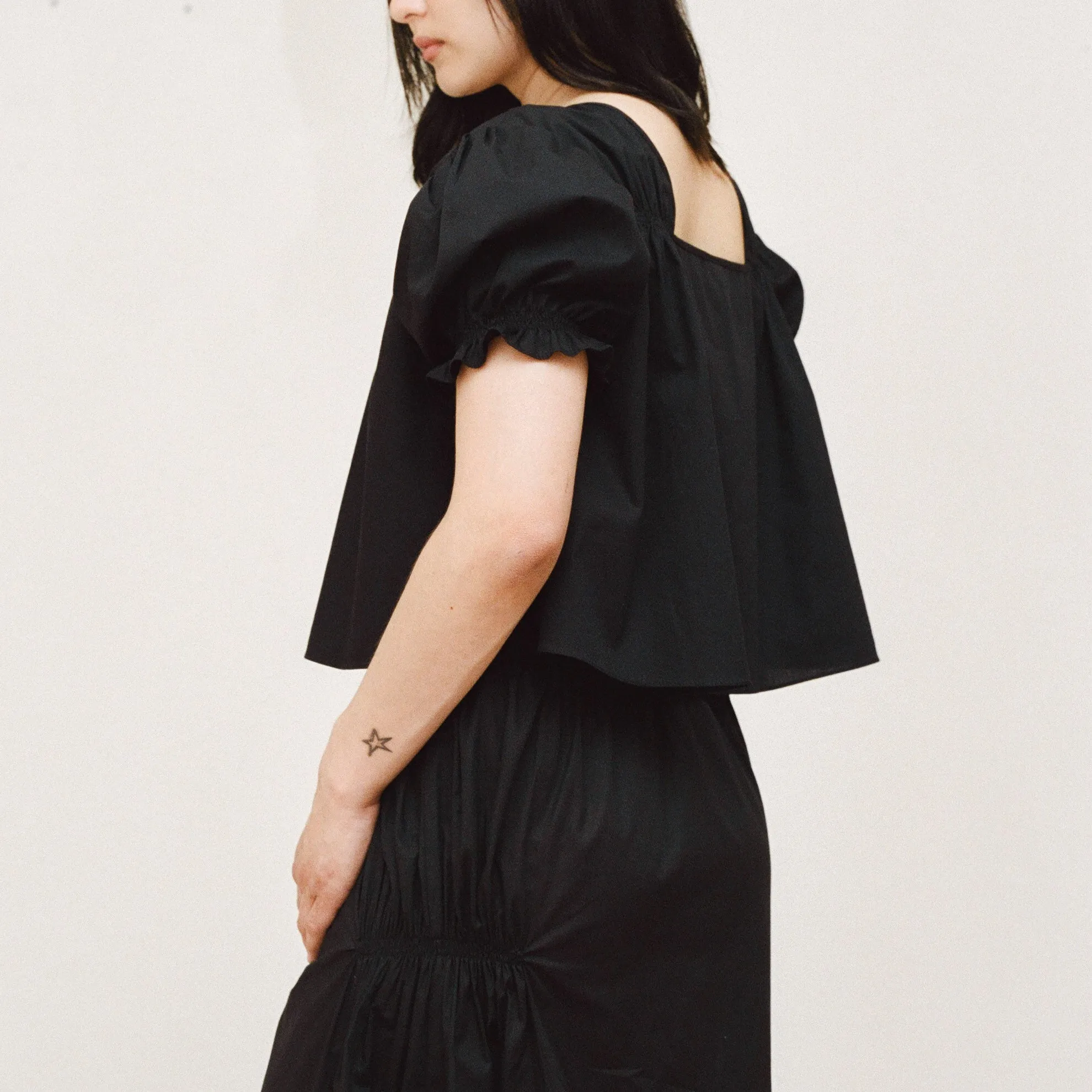 Black Cotton Smocked Blouse sold by Salter House