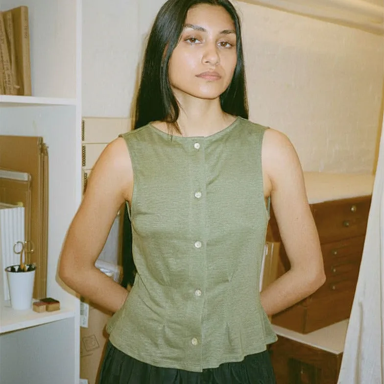 Sleeveless Buttondown Shirt, Moss Linen sold by Salter House product image thumbnail 3