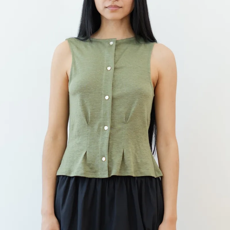 Sleeveless Buttondown Shirt, Moss Linen made by Salter House