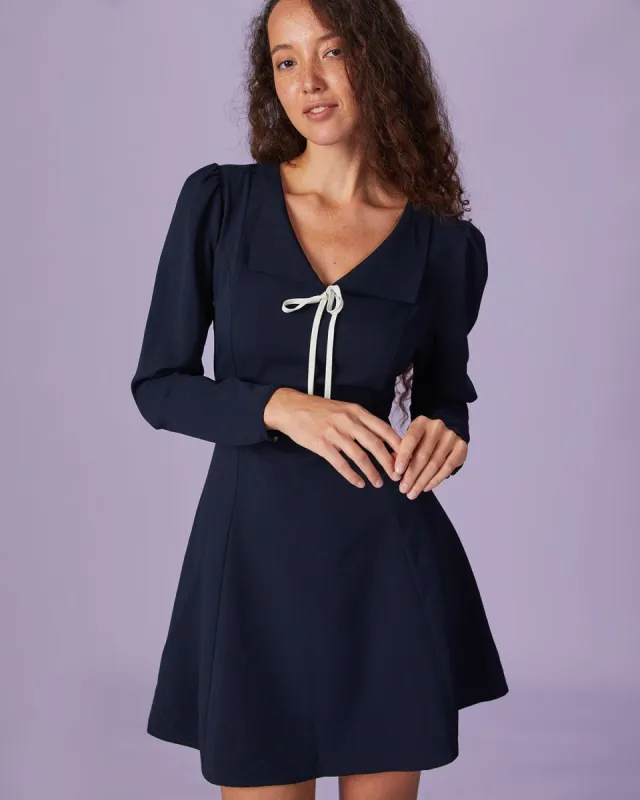The Navy Lapel Tie Front Puff Sleeve Mini Dress sold by rihoas