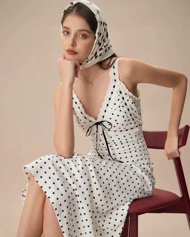 The White V-Neck Polka Dot Lace Trim Midi Dress | Parallel