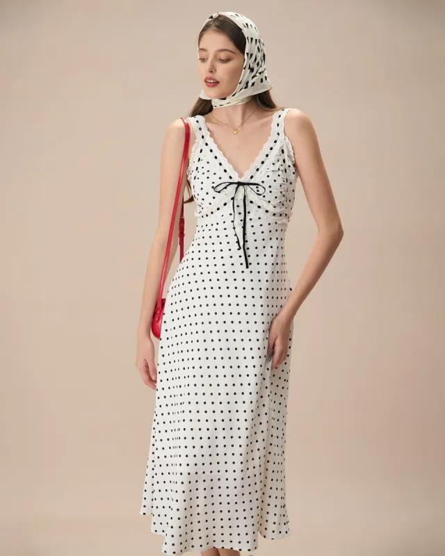 The White V-Neck Polka Dot Lace Trim Midi Dress sold by rihoas