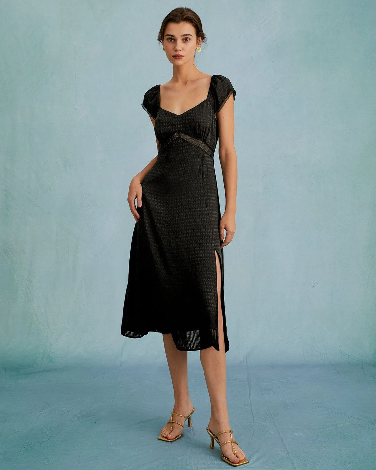 The Black V Neck Lace Spliced Short Sleeve Midi Dress sold by rihoas product image thumbnail 3
