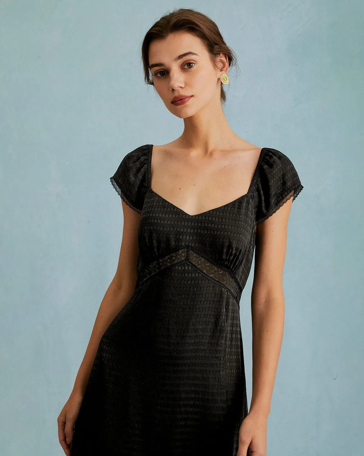 The Black V Neck Lace Spliced Short Sleeve Midi Dress sold by rihoas product image thumbnail 2