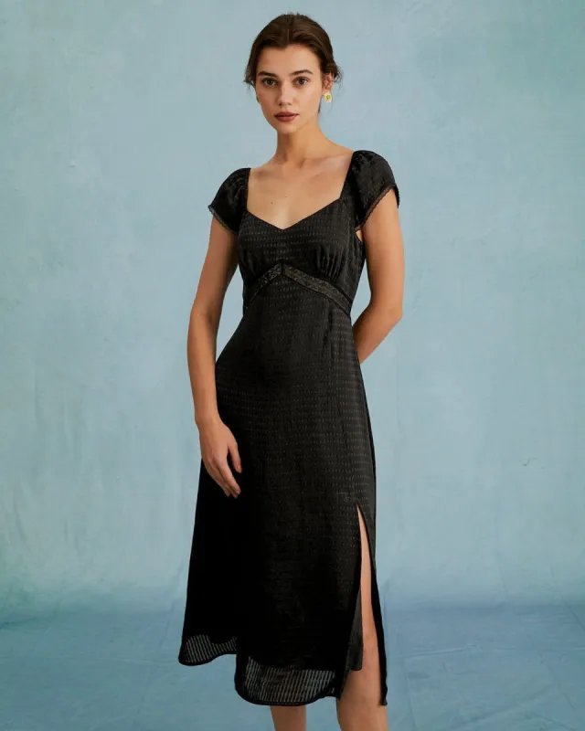 The Black V Neck Lace Spliced Short Sleeve Midi Dress sold by rihoas