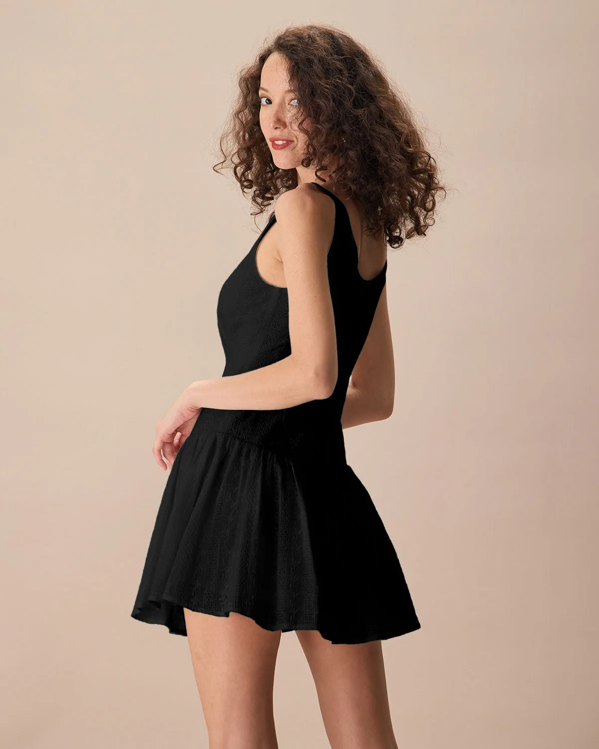 Women's Black Boat Neck Jacquard Cotton Mini Dress sold by rihoas product image thumbnail 2