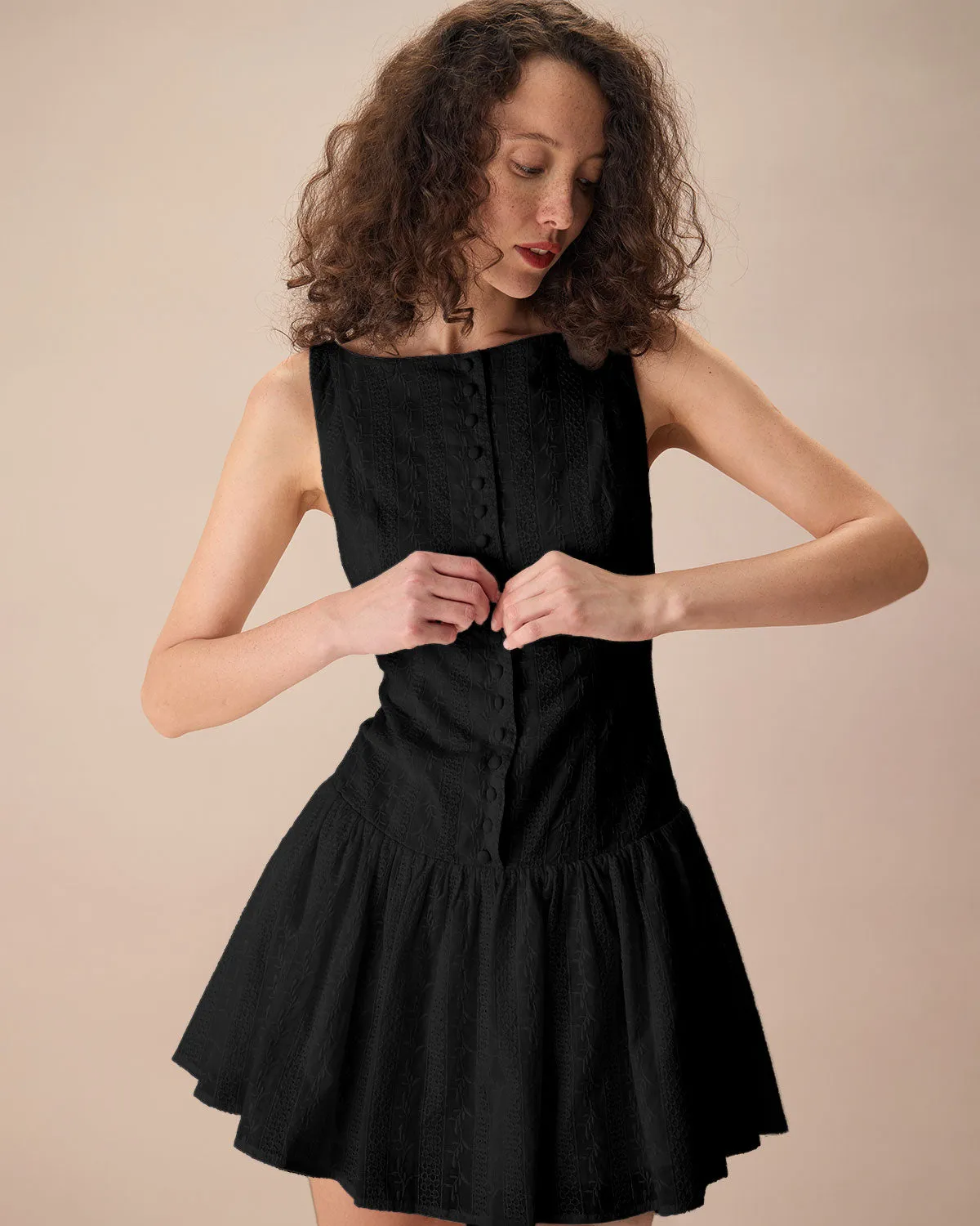 Women's Black Boat Neck Jacquard Cotton Mini Dress sold by rihoas