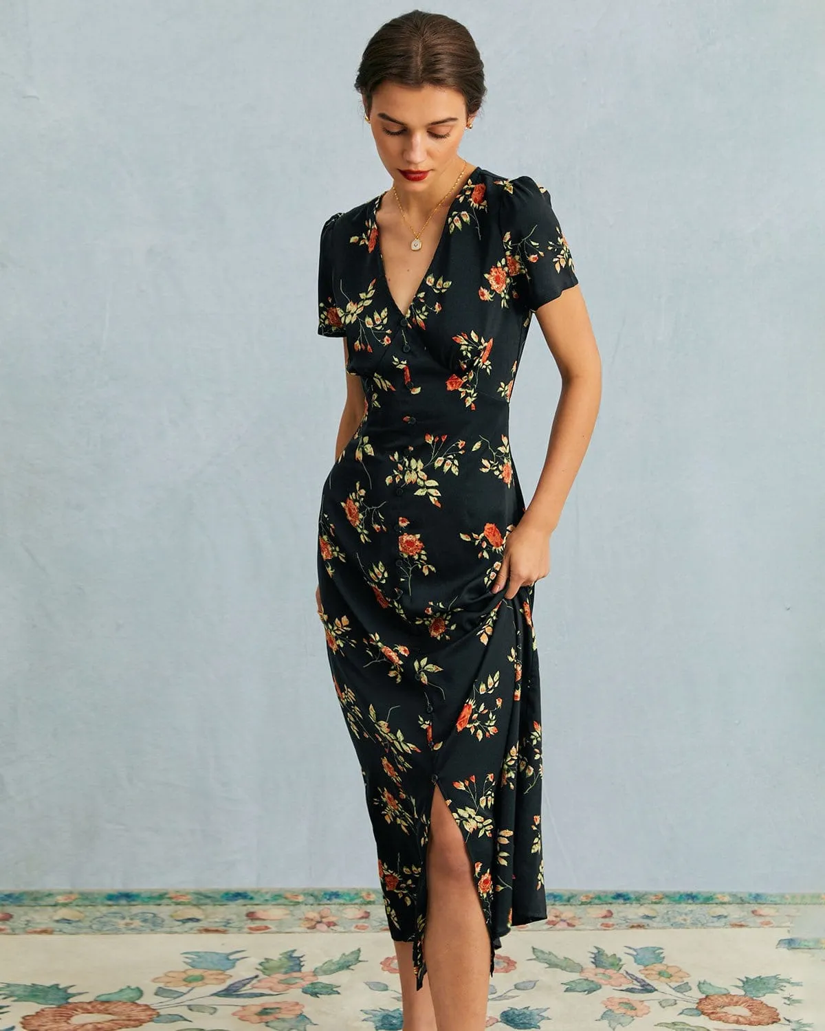 The Black V Neck Floral Short Sleeve Maxi Dress sold by rihoas product image thumbnail 5