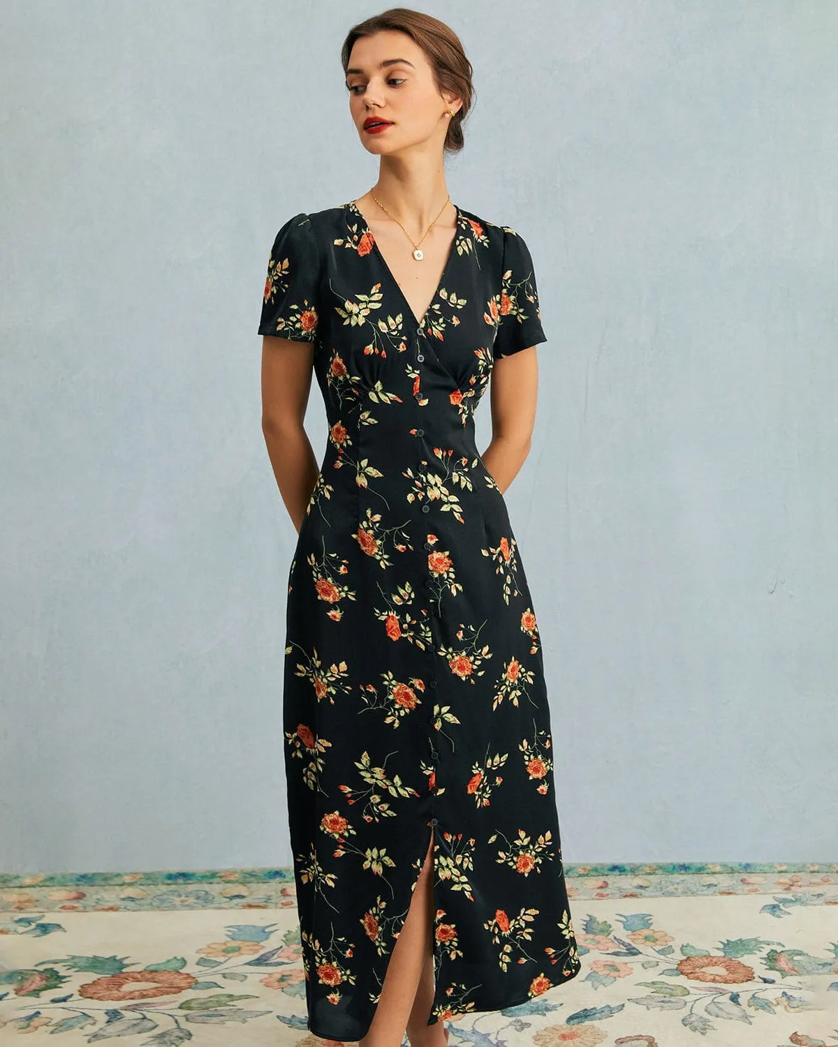 The Black V Neck Floral Short Sleeve Maxi Dress sold by rihoas product image thumbnail 2