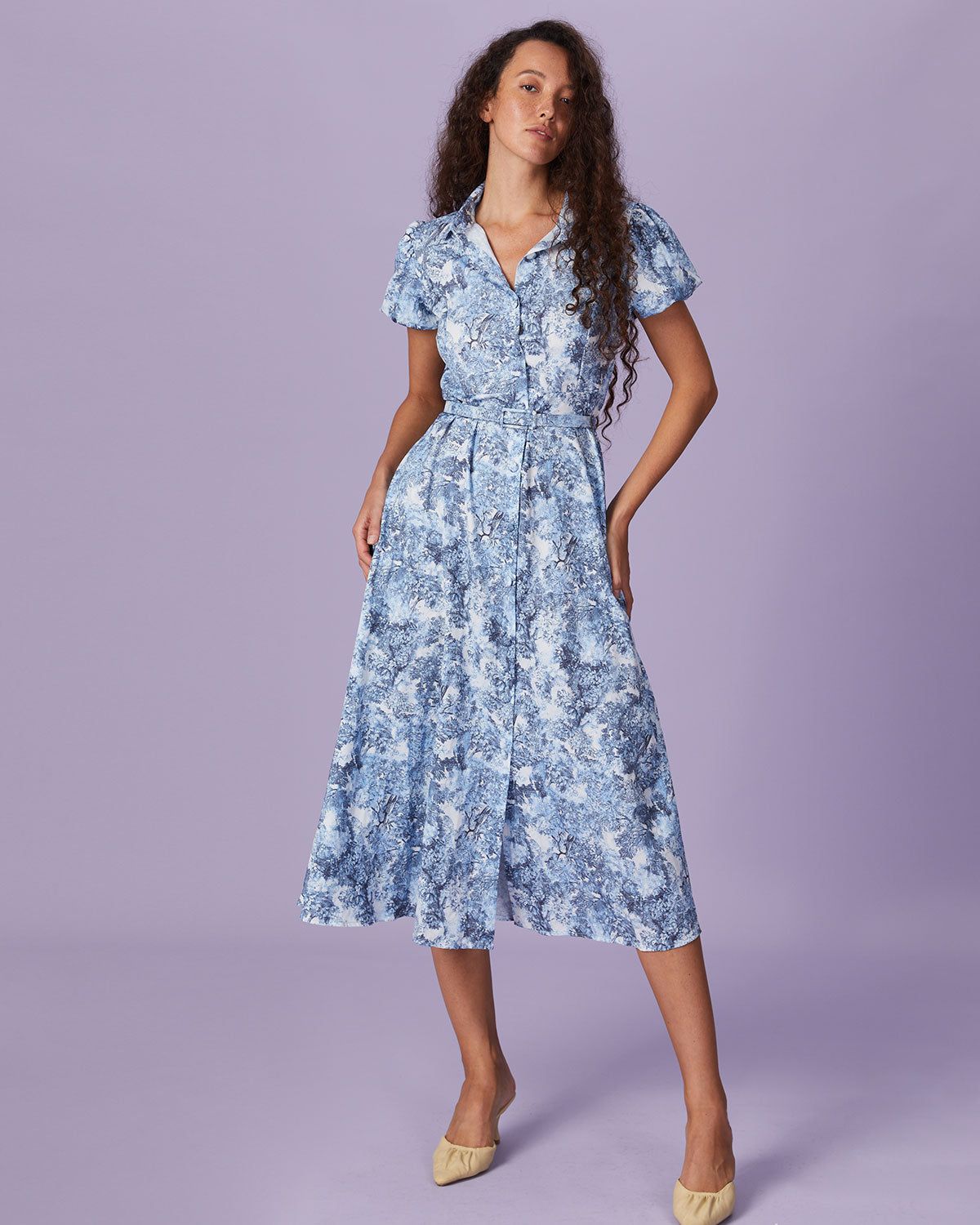 The Blue Belted Floral Button Shirt Midi Dress sold by rihoas