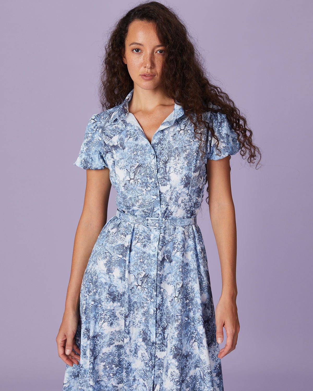 The Blue Belted Floral Button Shirt Midi Dress sold by rihoas product image thumbnail 3