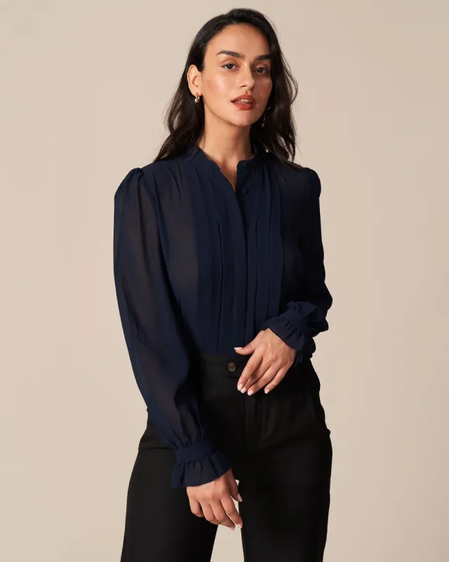 The Navy Stand Flounce Poet Sleeve Blouse sold by rihoas