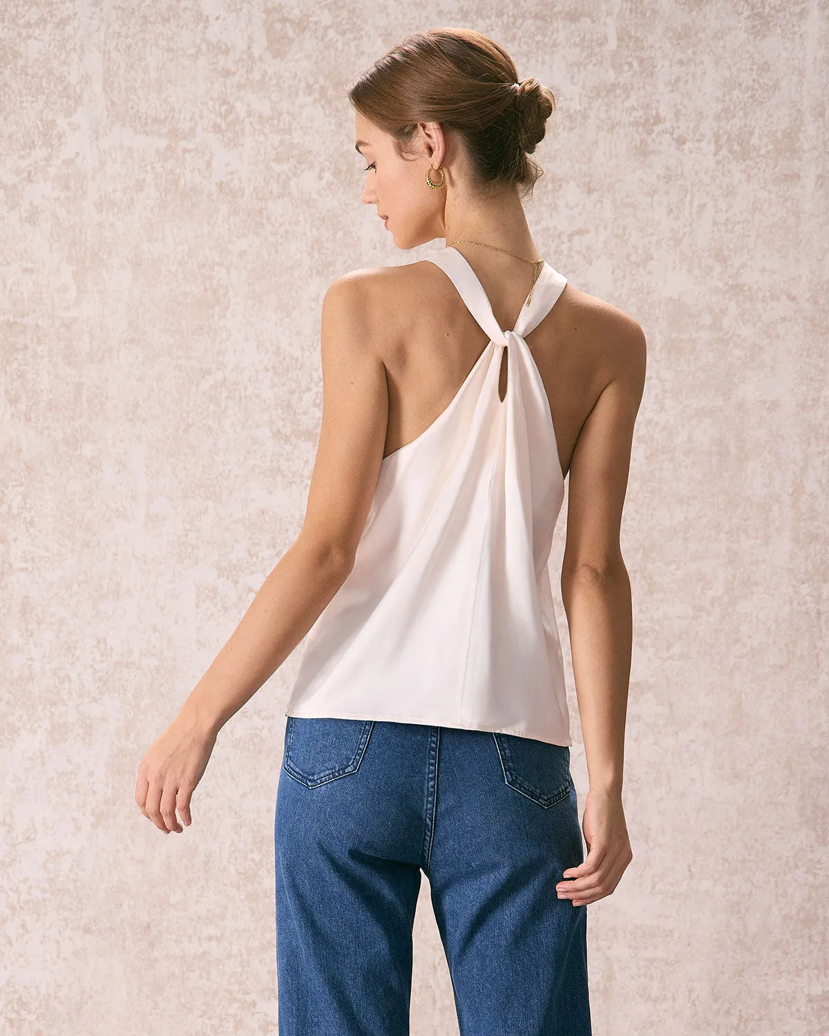 The Beige Halter Cut Out Satin Cami Top sold by rihoas product image thumbnail 2