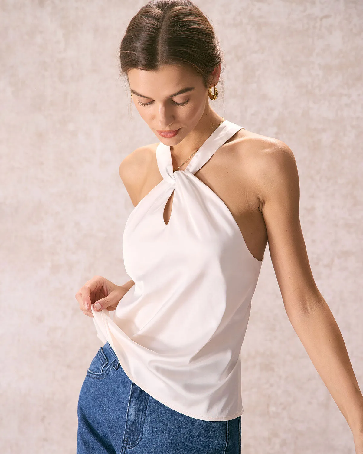 The Beige Halter Cut Out Satin Cami Top sold by rihoas product image thumbnail 5