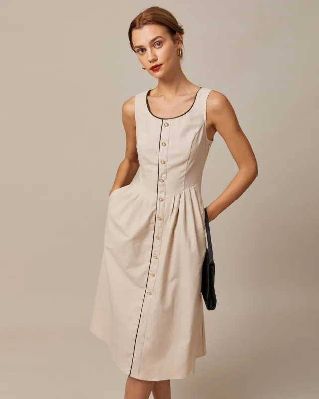 The Khaki Round Neck A-Line Midi Dress sold by rihoas